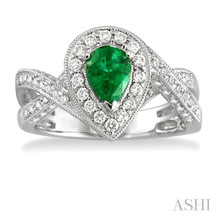 7x5 MM Pear Shape Emerald and 3/4 Ctw Round Cut Diamond Precious Ring in 14K White Gold