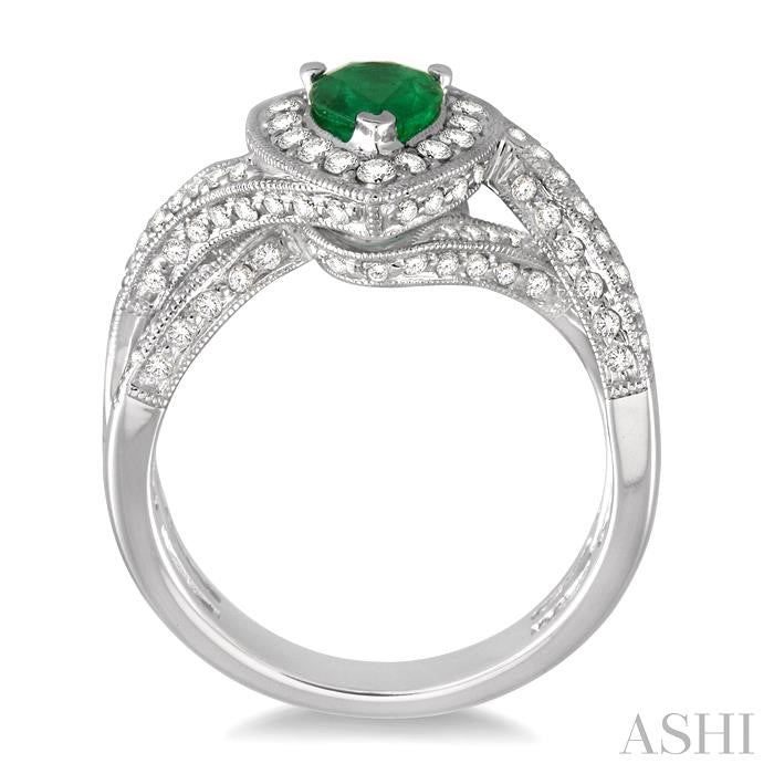 7x5 MM Pear Shape Emerald and 3/4 Ctw Round Cut Diamond Precious Ring in 14K White Gold