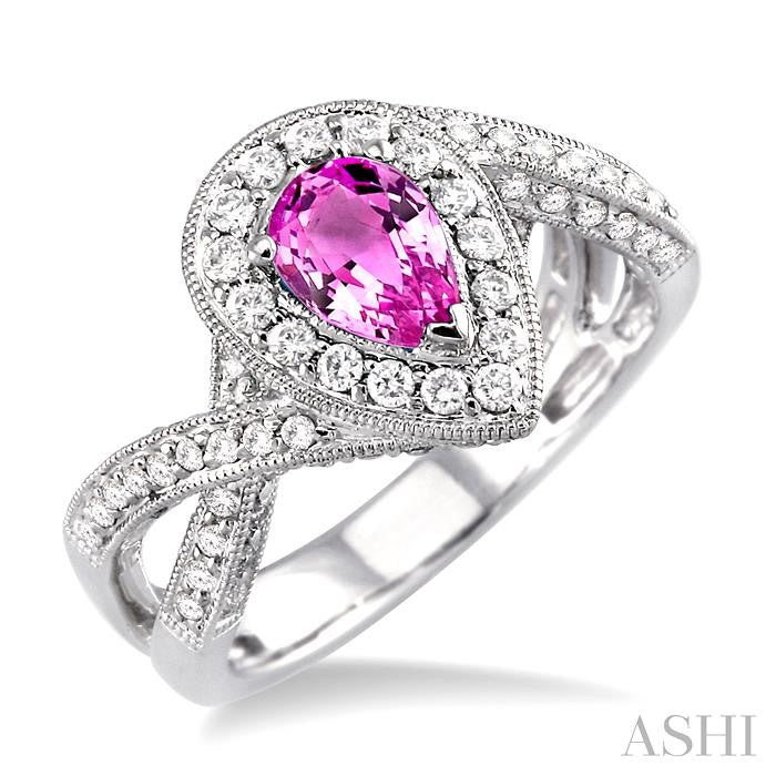 7x5 MM Pear Shape Pink Sapphire and 3/4 Ctw Round Cut Diamond Precious Ring in 14K White Gold