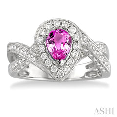 7x5 MM Pear Shape Pink Sapphire and 3/4 Ctw Round Cut Diamond Precious Ring in 14K White Gold