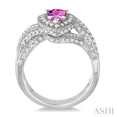 7x5 MM Pear Shape Pink Sapphire and 3/4 Ctw Round Cut Diamond Precious Ring in 14K White Gold