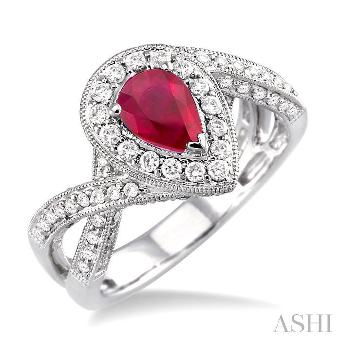 7x5 MM Pear Shape Ruby and 3/4 Ctw Round Cut Diamond Precious Ring in 14K White Gold