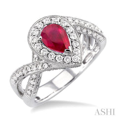 7x5 MM Pear Shape Ruby and 3/4 Ctw Round Cut Diamond Precious Ring in 14K White Gold