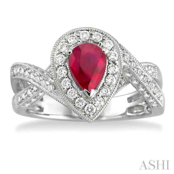 7x5 MM Pear Shape Ruby and 3/4 Ctw Round Cut Diamond Precious Ring in 14K White Gold