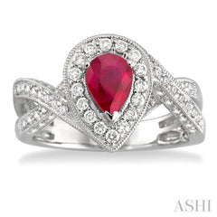 7x5 MM Pear Shape Ruby and 3/4 Ctw Round Cut Diamond Precious Ring in 14K White Gold