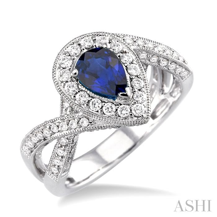 7x5 MM Pear Shape Sapphire and 3/4 Ctw Round Cut Diamond Precious Ring in 14K White Gold