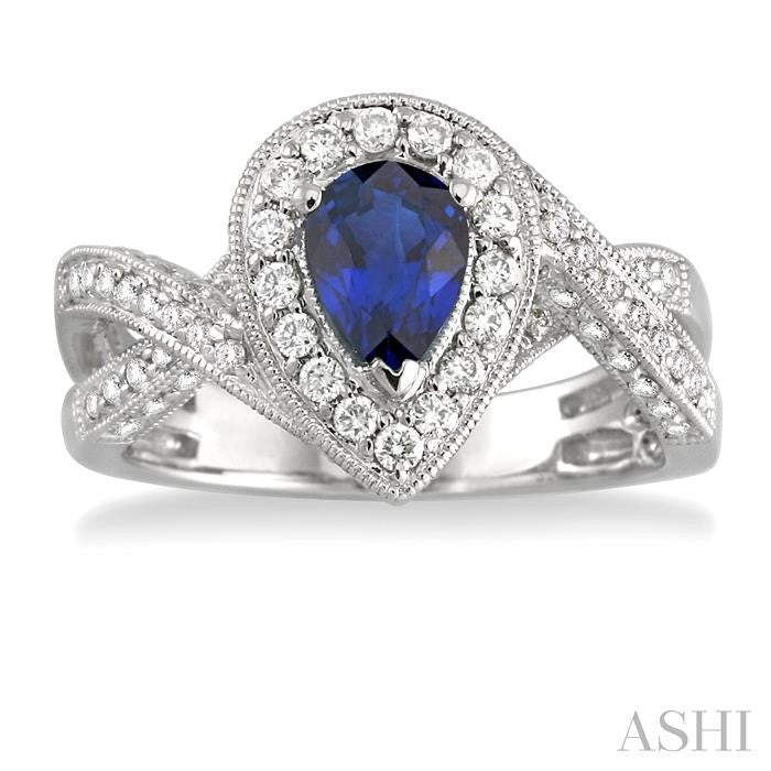 7x5 MM Pear Shape Sapphire and 3/4 Ctw Round Cut Diamond Precious Ring in 14K White Gold