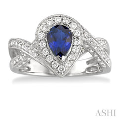 7x5 MM Pear Shape Sapphire and 3/4 Ctw Round Cut Diamond Precious Ring in 14K White Gold