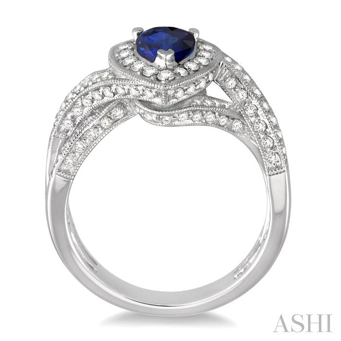7x5 MM Pear Shape Sapphire and 3/4 Ctw Round Cut Diamond Precious Ring in 14K White Gold
