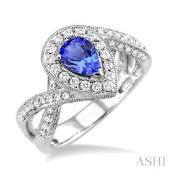 7x5 MM Pear Shape Tanzanite and 3/4 Ctw Round Cut Diamond Precious Ring in 14K White Gold