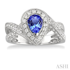 7x5 MM Pear Shape Tanzanite and 3/4 Ctw Round Cut Diamond Precious Ring in 14K White Gold