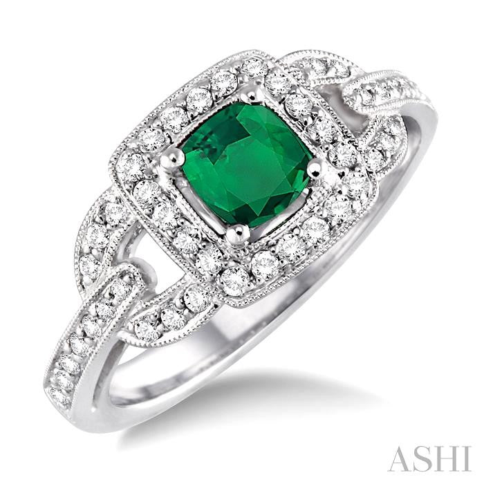 5x5 MM Cushion Cut Emerald and 1/2 Ctw Round Cut Diamond Precious Ring in 14K White Gold