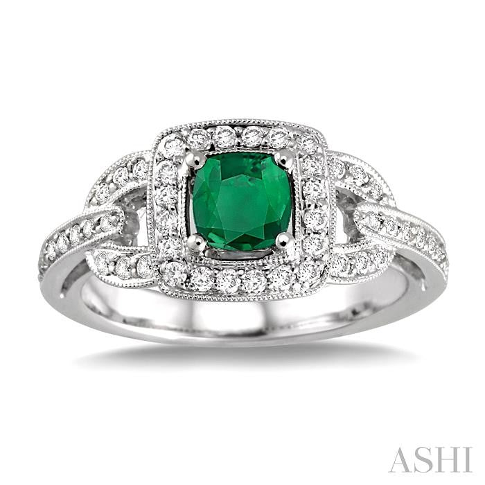 5x5 MM Cushion Cut Emerald and 1/2 Ctw Round Cut Diamond Precious Ring in 14K White Gold