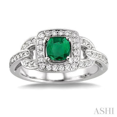 5x5 MM Cushion Cut Emerald and 1/2 Ctw Round Cut Diamond Precious Ring in 14K White Gold