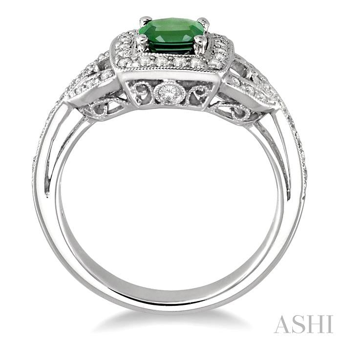 5x5 MM Cushion Cut Emerald and 1/2 Ctw Round Cut Diamond Precious Ring in 14K White Gold