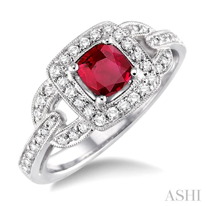 5x5 MM Cushion Cut Ruby and 1/2 Ctw Round Cut Diamond Precious Ring in 14K White Gold