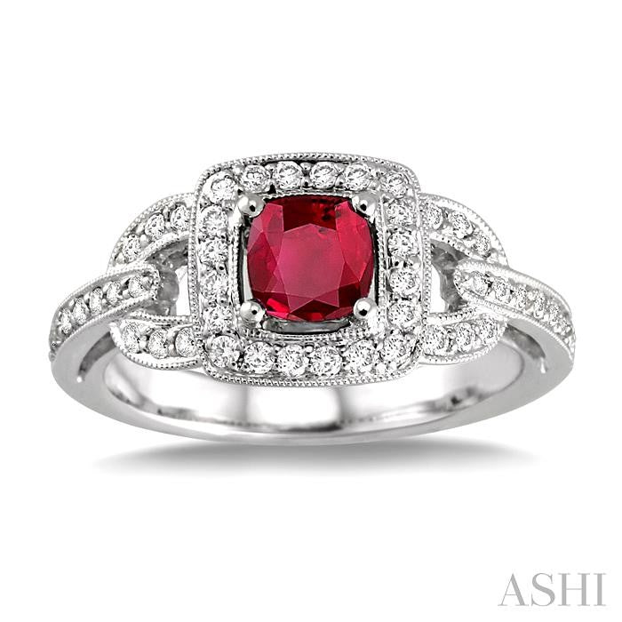 5x5 MM Cushion Cut Ruby and 1/2 Ctw Round Cut Diamond Precious Ring in 14K White Gold