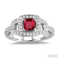 5x5 MM Cushion Cut Ruby and 1/2 Ctw Round Cut Diamond Precious Ring in 14K White Gold