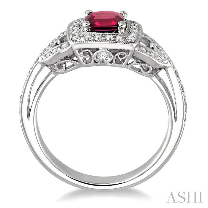 5x5 MM Cushion Cut Ruby and 1/2 Ctw Round Cut Diamond Precious Ring in 14K White Gold