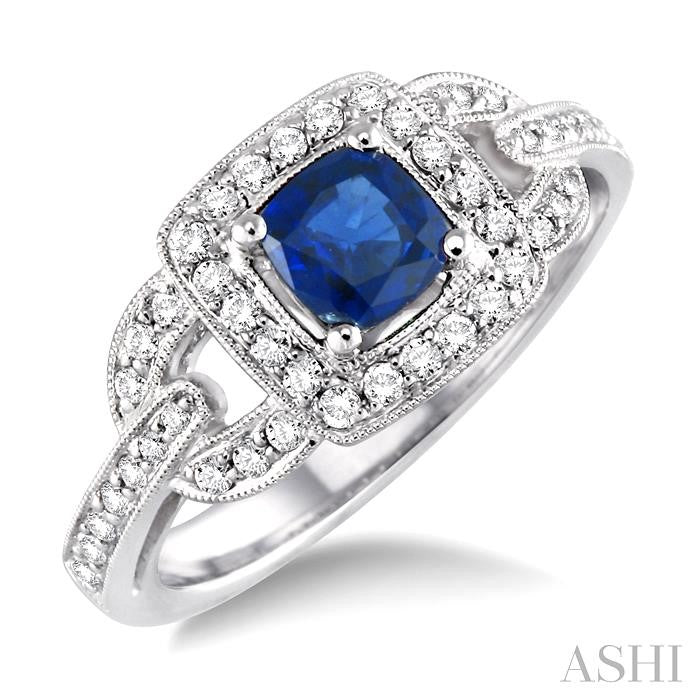 5x5 MM Cushion Cut Sapphire and 1/2 Ctw Round Cut Diamond Precious Ring in 14K White Gold