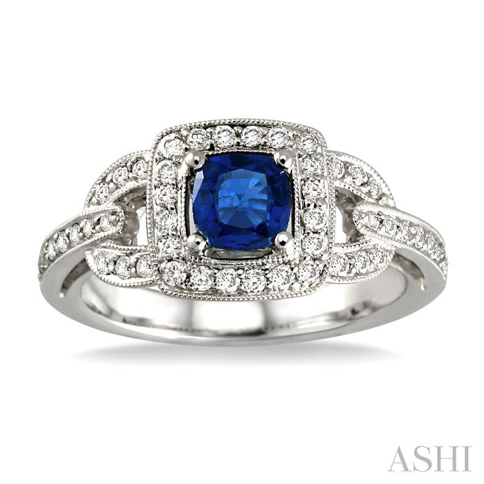 5x5 MM Cushion Cut Sapphire and 1/2 Ctw Round Cut Diamond Precious Ring in 14K White Gold