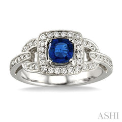 5x5 MM Cushion Cut Sapphire and 1/2 Ctw Round Cut Diamond Precious Ring in 14K White Gold