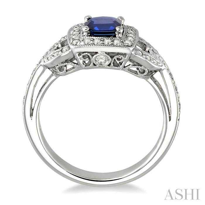 5x5 MM Cushion Cut Sapphire and 1/2 Ctw Round Cut Diamond Precious Ring in 14K White Gold