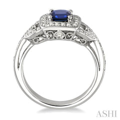 5x5 MM Cushion Cut Sapphire and 1/2 Ctw Round Cut Diamond Precious Ring in 14K White Gold