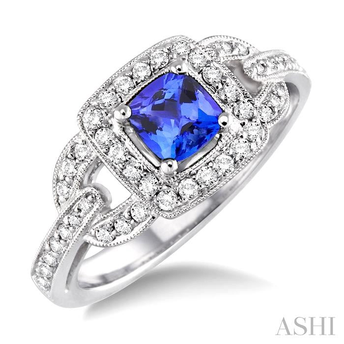 5x5 MM Cushion Cut Tanzanite and 1/2 Ctw Round Cut Diamond Precious Ring in 14K White Gold