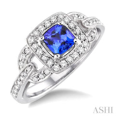 5x5 MM Cushion Cut Tanzanite and 1/2 Ctw Round Cut Diamond Precious Ring in 14K White Gold