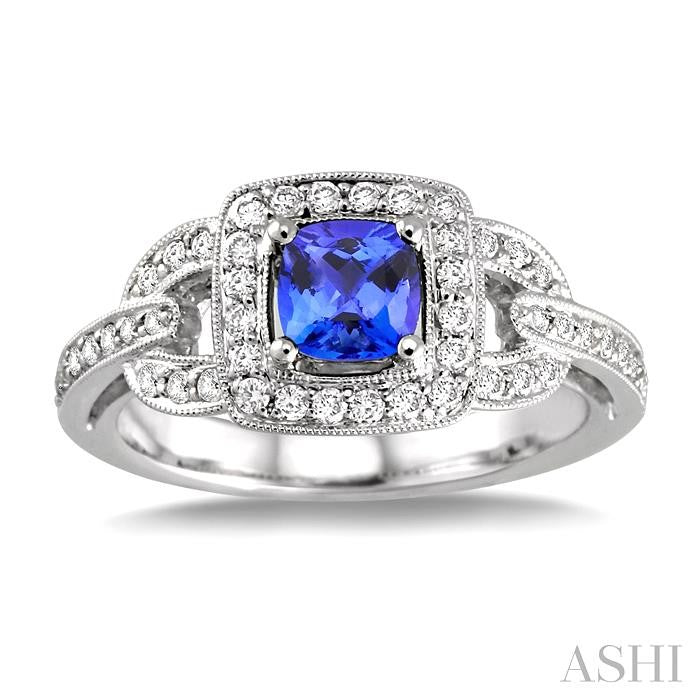 5x5 MM Cushion Cut Tanzanite and 1/2 Ctw Round Cut Diamond Precious Ring in 14K White Gold