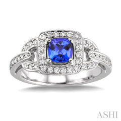 5x5 MM Cushion Cut Tanzanite and 1/2 Ctw Round Cut Diamond Precious Ring in 14K White Gold