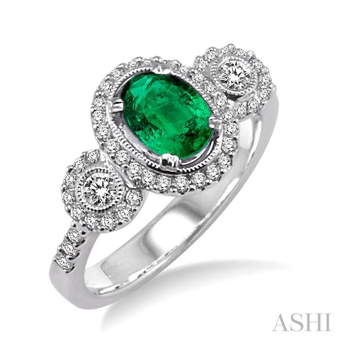 7x5 MM Oval Cut Emerald and 1/2 Ctw Round Cut Diamond Precious Ring in 14K White Gold