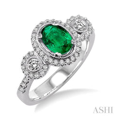 7x5 MM Oval Cut Emerald and 1/2 Ctw Round Cut Diamond Precious Ring in 14K White Gold