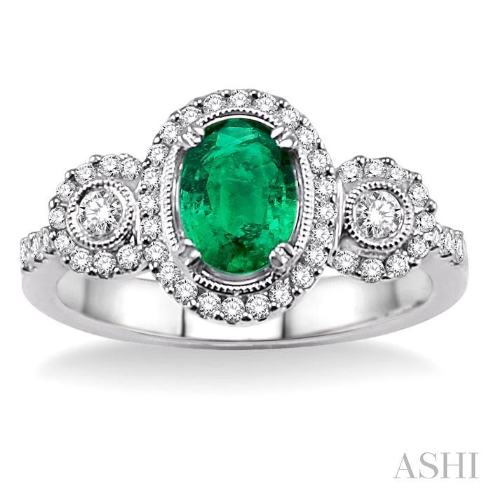 7x5 MM Oval Cut Emerald and 1/2 Ctw Round Cut Diamond Precious Ring in 14K White Gold