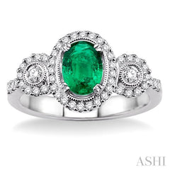 7x5 MM Oval Cut Emerald and 1/2 Ctw Round Cut Diamond Precious Ring in 14K White Gold