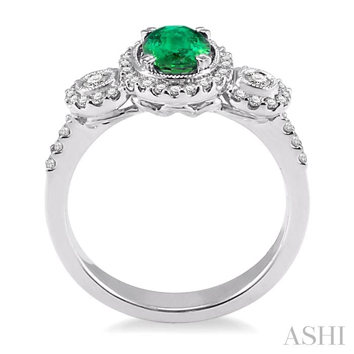 7x5 MM Oval Cut Emerald and 1/2 Ctw Round Cut Diamond Precious Ring in 14K White Gold