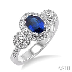 7x5 MM Oval Cut Sapphire and 1/2 Ctw Round Cut Diamond Precious Ring in 14K White Gold