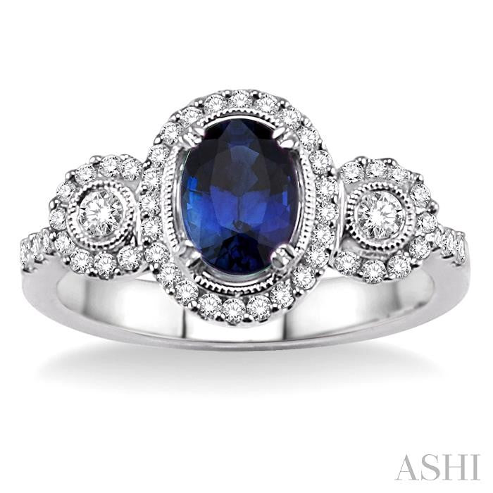 7x5 MM Oval Cut Sapphire and 1/2 Ctw Round Cut Diamond Precious Ring in 14K White Gold