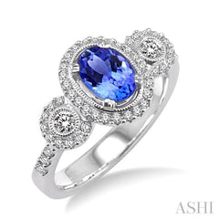 7x5 MM Oval Cut Tanzanite and 1/2 Ctw Round Cut Diamond Precious Ring in 14K White Gold