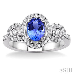 7x5 MM Oval Cut Tanzanite and 1/2 Ctw Round Cut Diamond Precious Ring in 14K White Gold