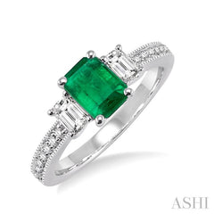 7x5 MM Octagon Cut Emerald and 1/2 Ctw Round Cut Diamond Precious Ring in 14K White Gold