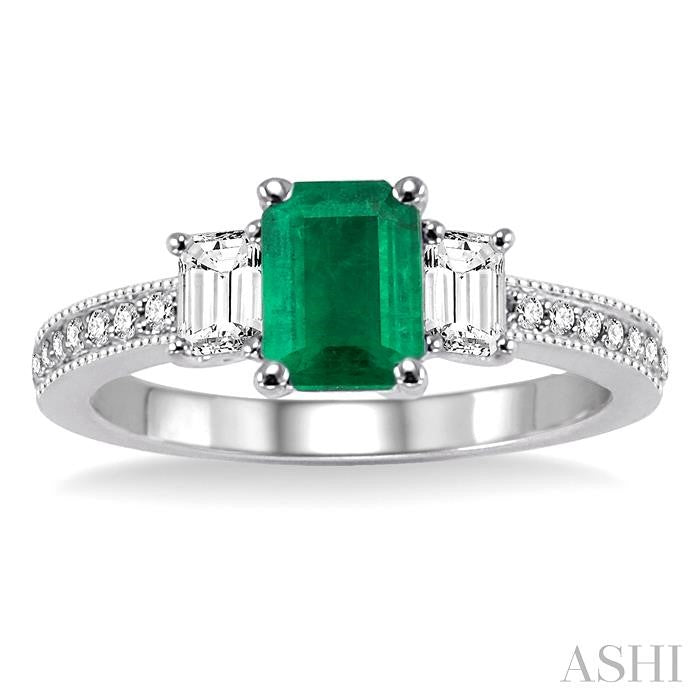 7x5 MM Octagon Cut Emerald and 1/2 Ctw Round Cut Diamond Precious Ring in 14K White Gold