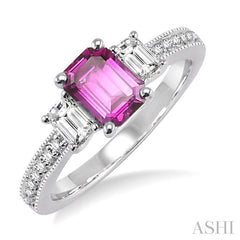 7x5 MM Octagon Cut Pink Sapphire and 1/2 Ctw Round Cut Diamond Precious Ring in 14K White Gold