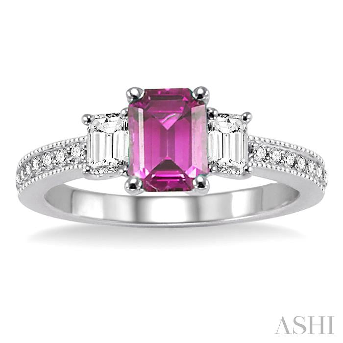7x5 MM Octagon Cut Pink Sapphire and 1/2 Ctw Round Cut Diamond Precious Ring in 14K White Gold