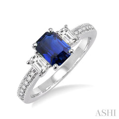 7x5 MM Octagon Cut Sapphire and 1/2 Ctw Round Cut Diamond Precious Ring in 14K White Gold