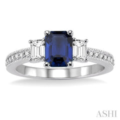 7x5 MM Octagon Cut Sapphire and 1/2 Ctw Round Cut Diamond Precious Ring in 14K White Gold