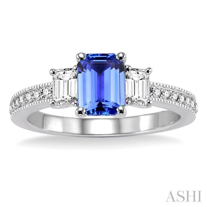 7x5 MM Octagon Cut Tanzanite and 1/2 Ctw Round Cut Diamond Precious Ring in 14K White Gold