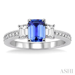 7x5 MM Octagon Cut Tanzanite and 1/2 Ctw Round Cut Diamond Precious Ring in 14K White Gold