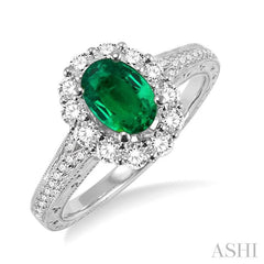 7x5 MM Oval Cut Emerald and 1/2 Ctw Round Cut Diamond Precious Ring in 14K White Gold